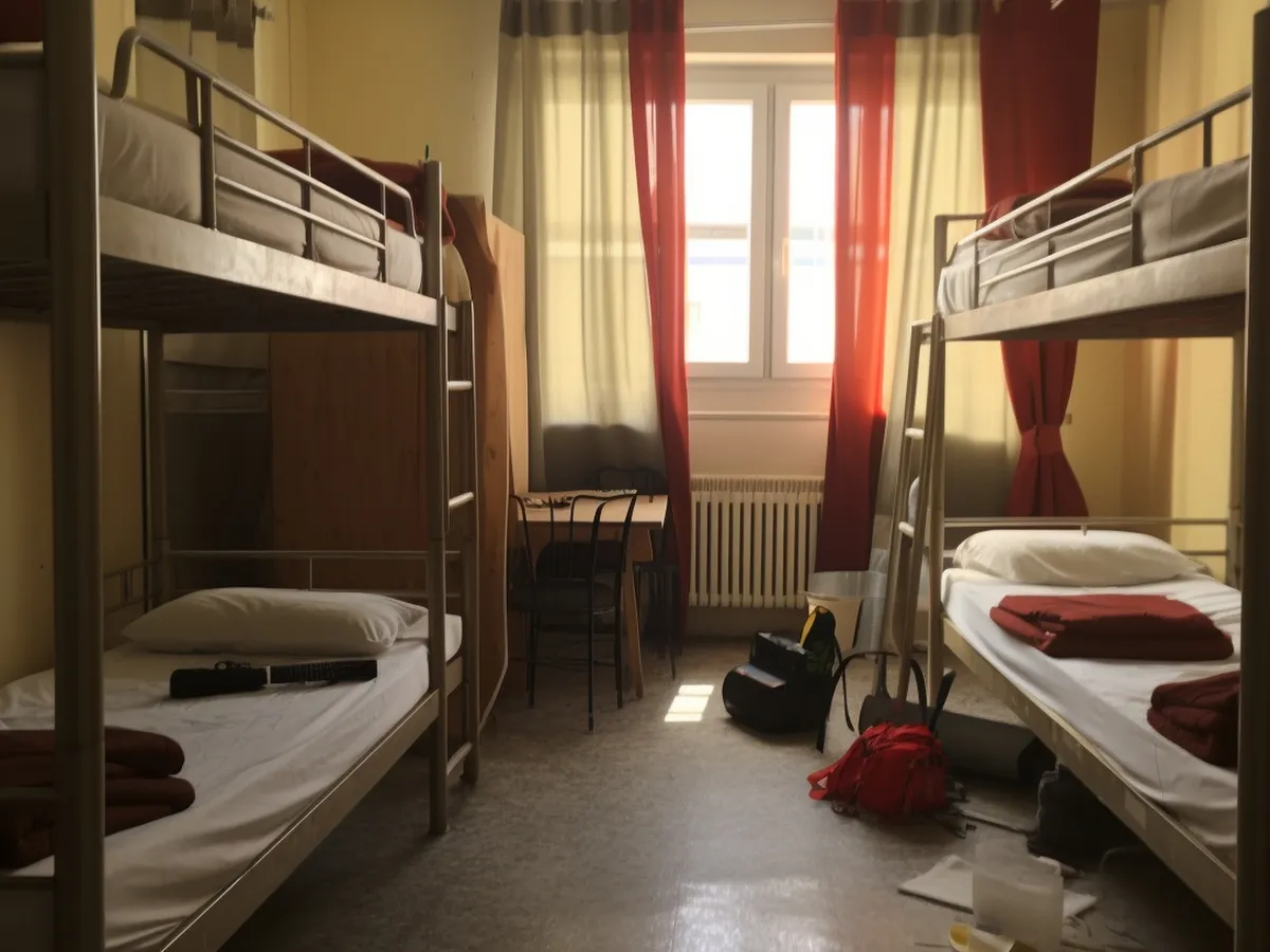 A furnished hostel room with beds, wardrobe and study space